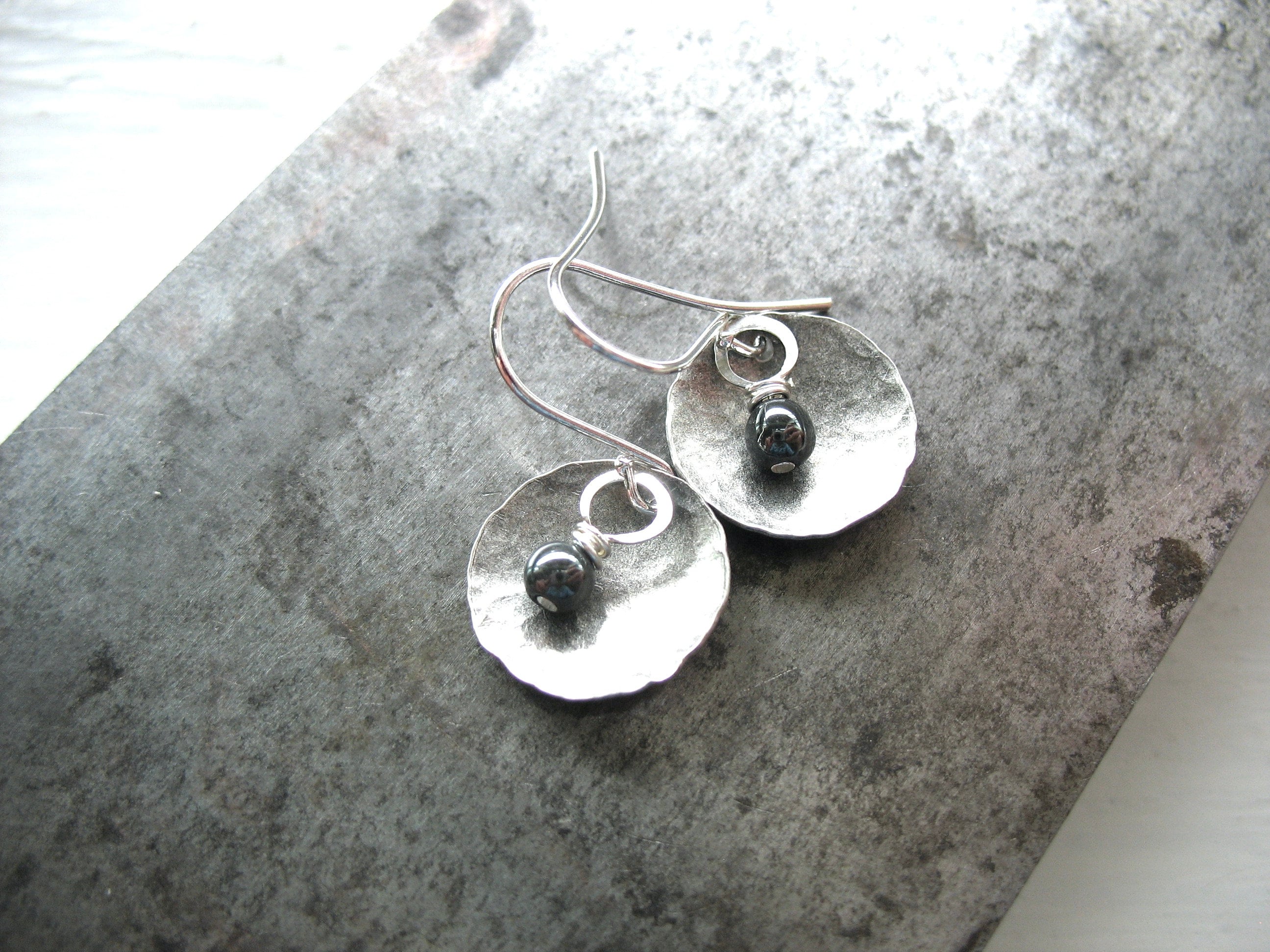 Hematite Gemstone Silver Dome Metalwork Earrings Jewelry Handmade In Usa Hematite Gemstone Silver Dome Metalwork Earrings Jewelry Handmade In Usa