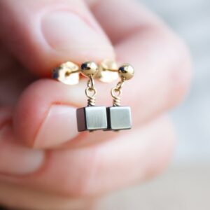 Gold Filled Hematite Cube Dangle Stud Earrings: Geometric, Anxiety Relief