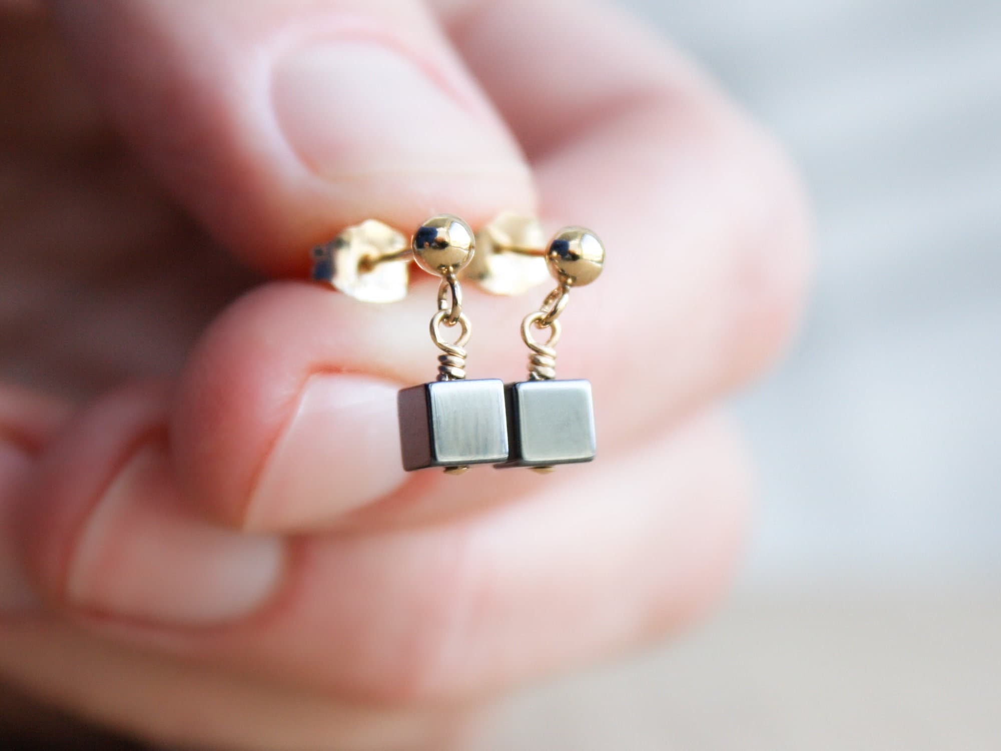 Gold Filled Hematite Cube Dangle Stud Earrings: Geometric, Anxiety Relief
