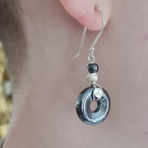 Handmade Sterling Silver Hematite Drop Earrings, Sterling Silver Wire Wrapped Tiny Donut Gemstones, Shepherd Hook