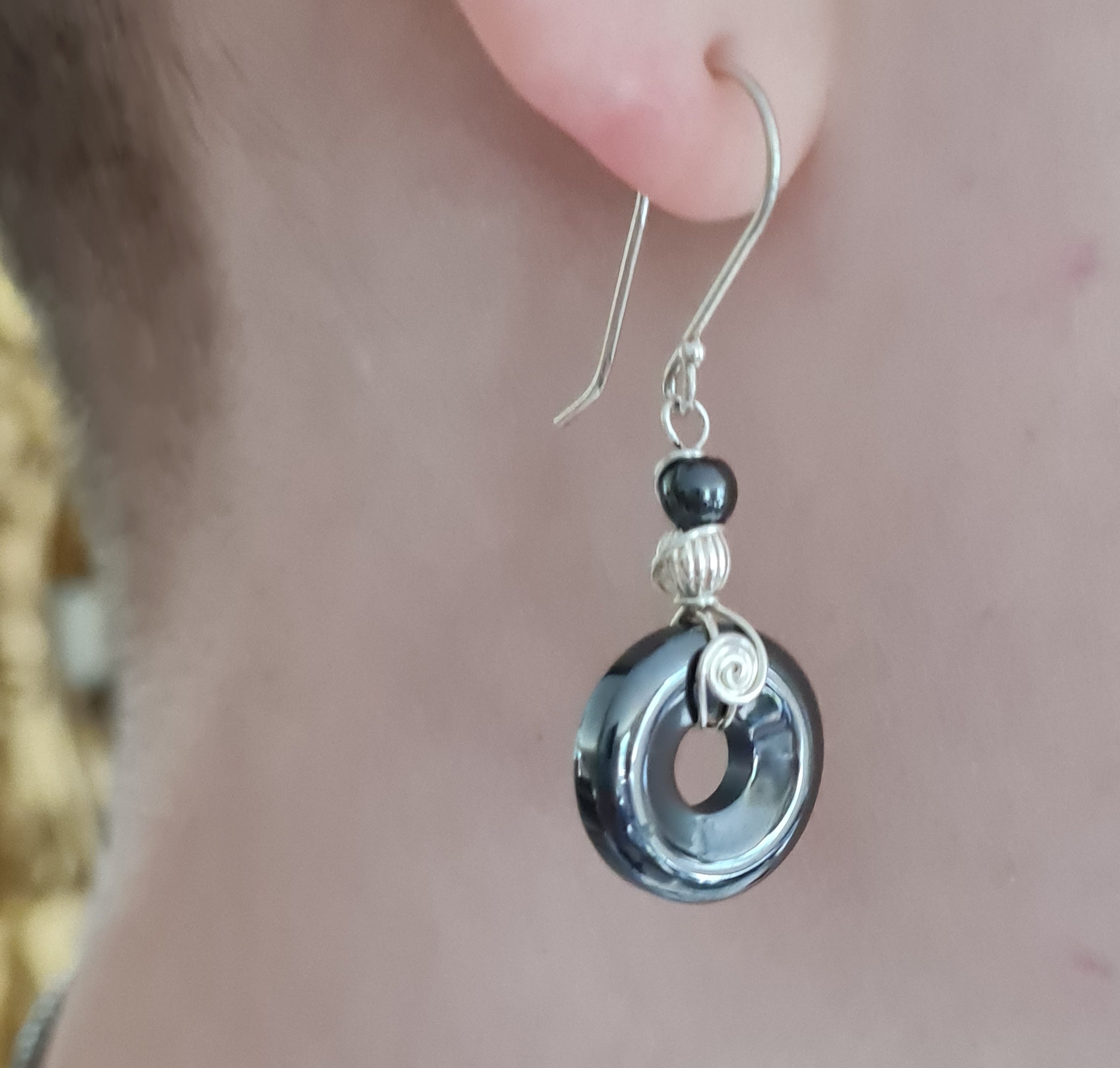 Handmade Sterling Silver Hematite Drop Earrings, Sterling Silver Wire Wrapped Tiny Donut Gemstones, Shepherd Hook Handmade Sterling Silver Hematite Drop Earrings, Sterling Silver Wire Wrapped Tiny Donut Gemstones, Shepherd Hook