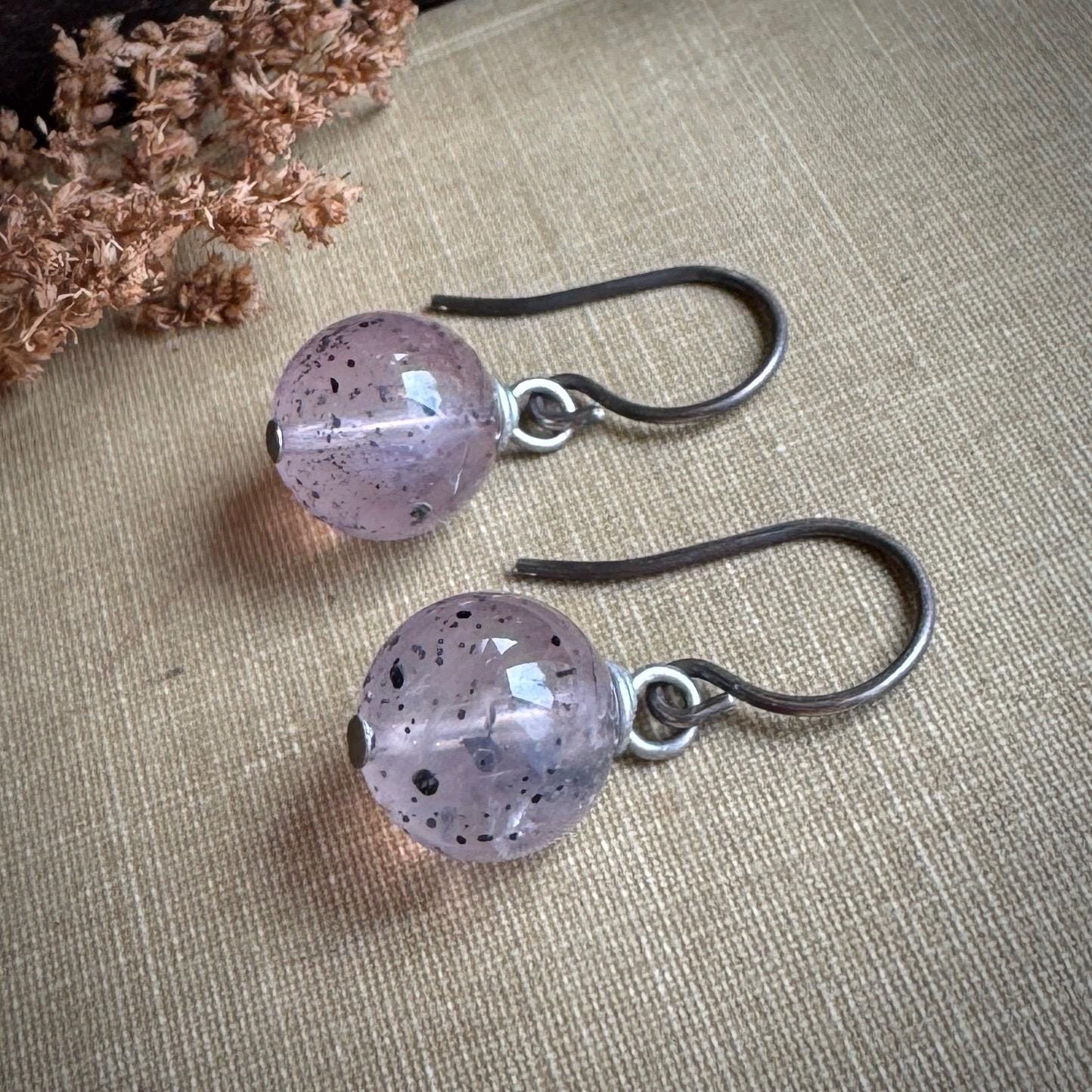 Hematite In Strawberry Quartz Earrings, Natural Inclusion Quartz On Antiqued Sterling Silver