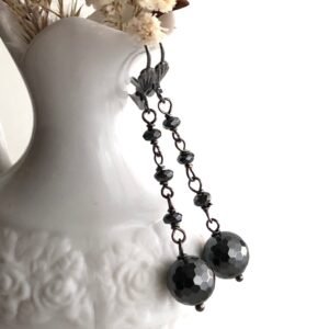 Hematite Long Dangle Drop Earrings, Gunmetal Wire Wrapped Natural Black Stone, Boho Chic Handmade Artisan 6660 Hematite Long Dangle Drop Earrings, Gunmetal Wire Wrapped Natural Black Stone, Boho Chic Handmade Artisan 6660