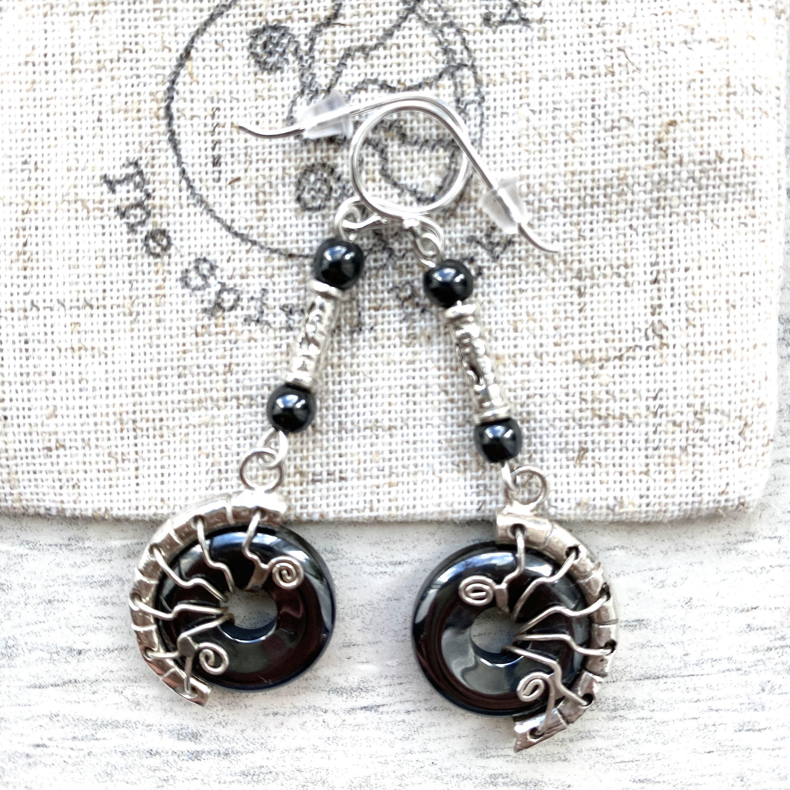 Long Hematite Earrings, Iron Anniversary Gift For Her, Gothic Wedding Earrings, Unique Handmade Silver Earrings