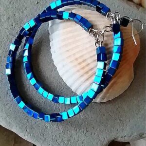 Metallic Blue Hematite Hoop Earrings, Woman Blue Gemstone Bead Jewelry, Shining Sparkling Large Beaded Hoops, Teen Girls Birthday Gift