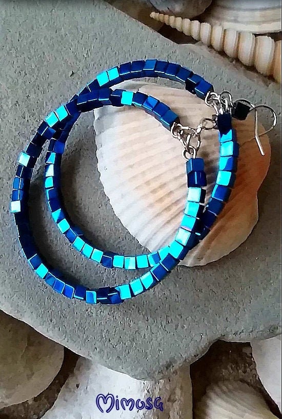 Metallic Blue Hematite Hoop Earrings, Woman Blue Gemstone Bead Jewelry, Shining Sparkling Large Beaded Hoops, Teen Girls Birthday Gift