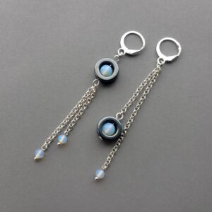 Mismatched Earrings Hematite Opalite, Dangle Long Earrings Earrings