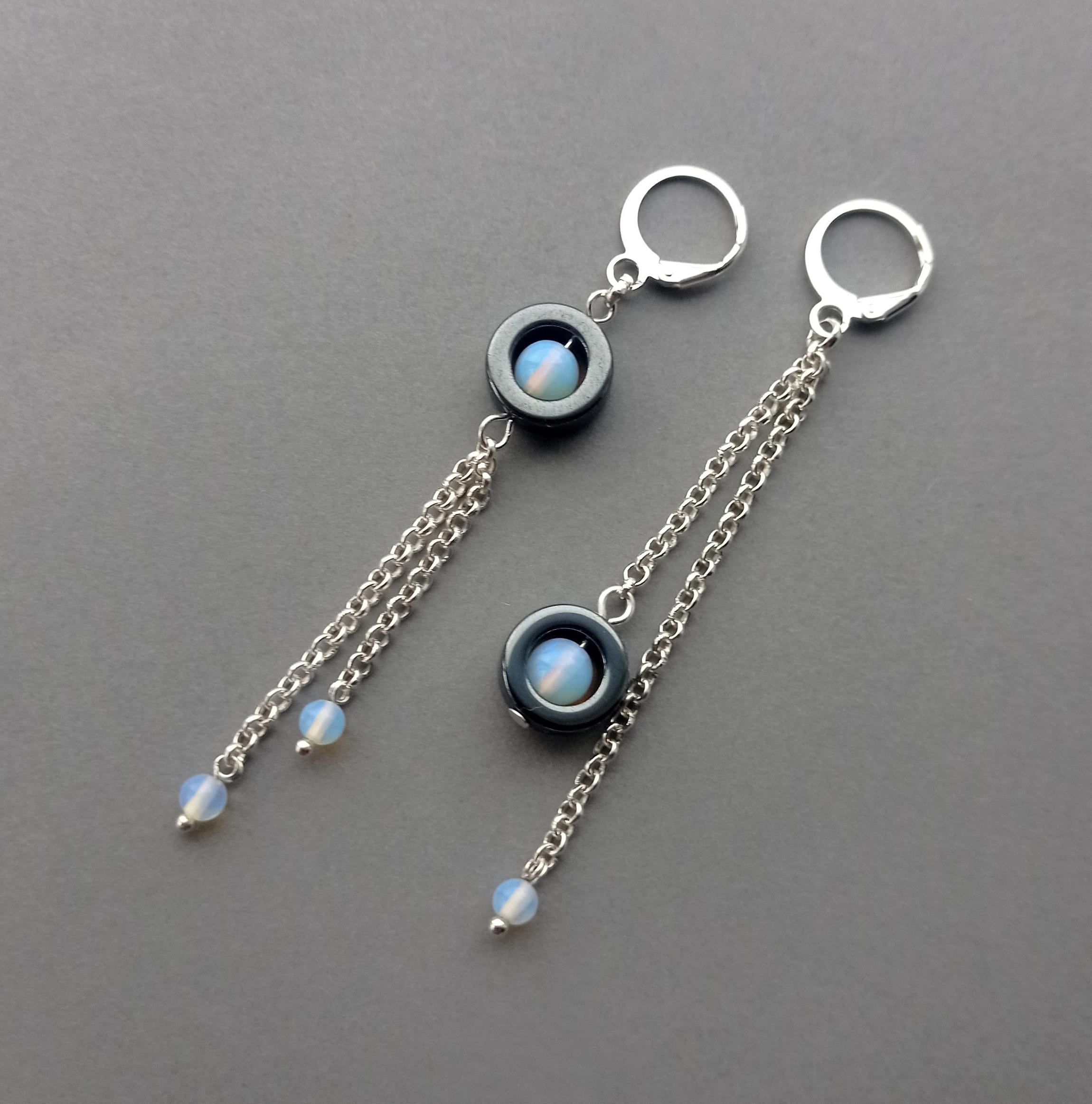 Mismatched Earrings Hematite Opalite, Dangle Long Earrings Earrings