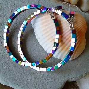Rainbow Hematite Earrings, Rainbow Colorful Hoops, Multicolor Gemstone Hoop Earrings, Woman Hematite Jewelry, Daughter Birthday Gift