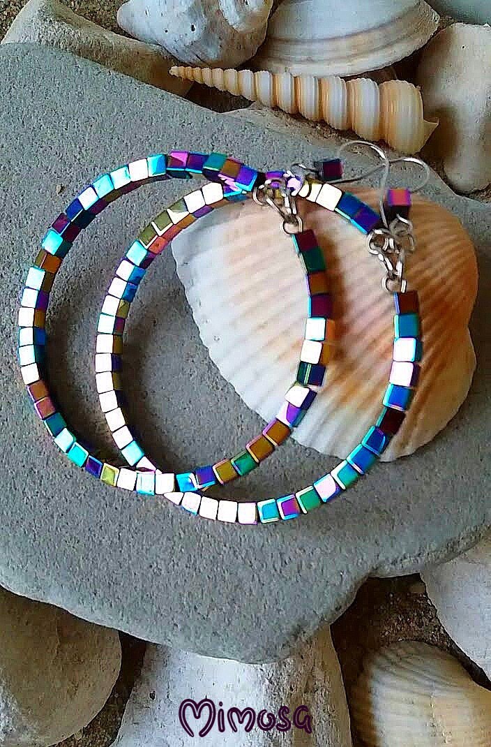 Rainbow Hematite Earrings, Rainbow Colorful Hoops, Multicolor Gemstone Hoop Earrings, Woman Hematite Jewelry, Daughter Birthday Gift
