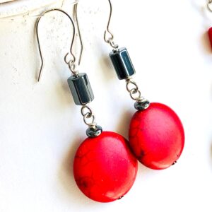 Red Howlite & Hematite Dangle Earrings, Sterling Silver Boho Jewelry 7492