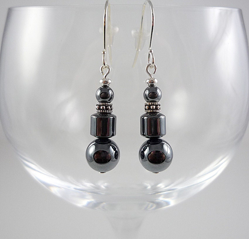 Hematite Earrings Silver Gemstone Bead Earrings Hematite Drop Earrings Gray Hematite Dangle Earrings Hematite Gemstone Drops