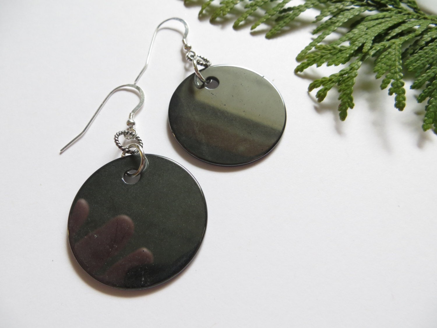Hematite Sterling Silver Drop Earrings, Light Disk Stone