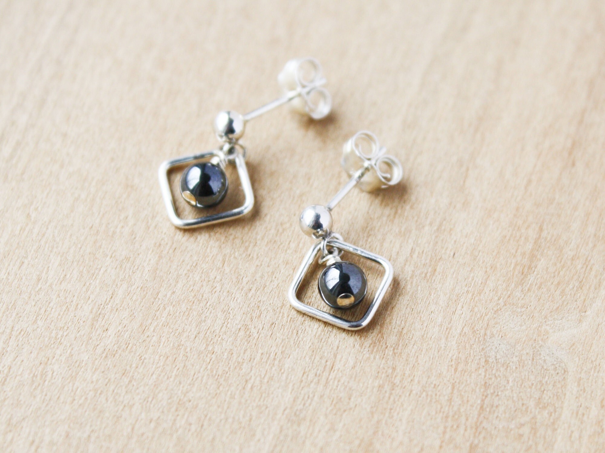 Hematite Sterling Silver Stud Earrings: Geometric Anxiety Relief
