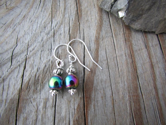 Titanium Hematite Earrings: Rainbow Sterling Silver Dangles, Small & Simple Titanium Hematite Earrings: Rainbow Sterling Silver Dangles, Small & Simple