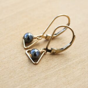 Hematite Triangle Earrings: Dainty 14k Gold Fill Leverback Earrings