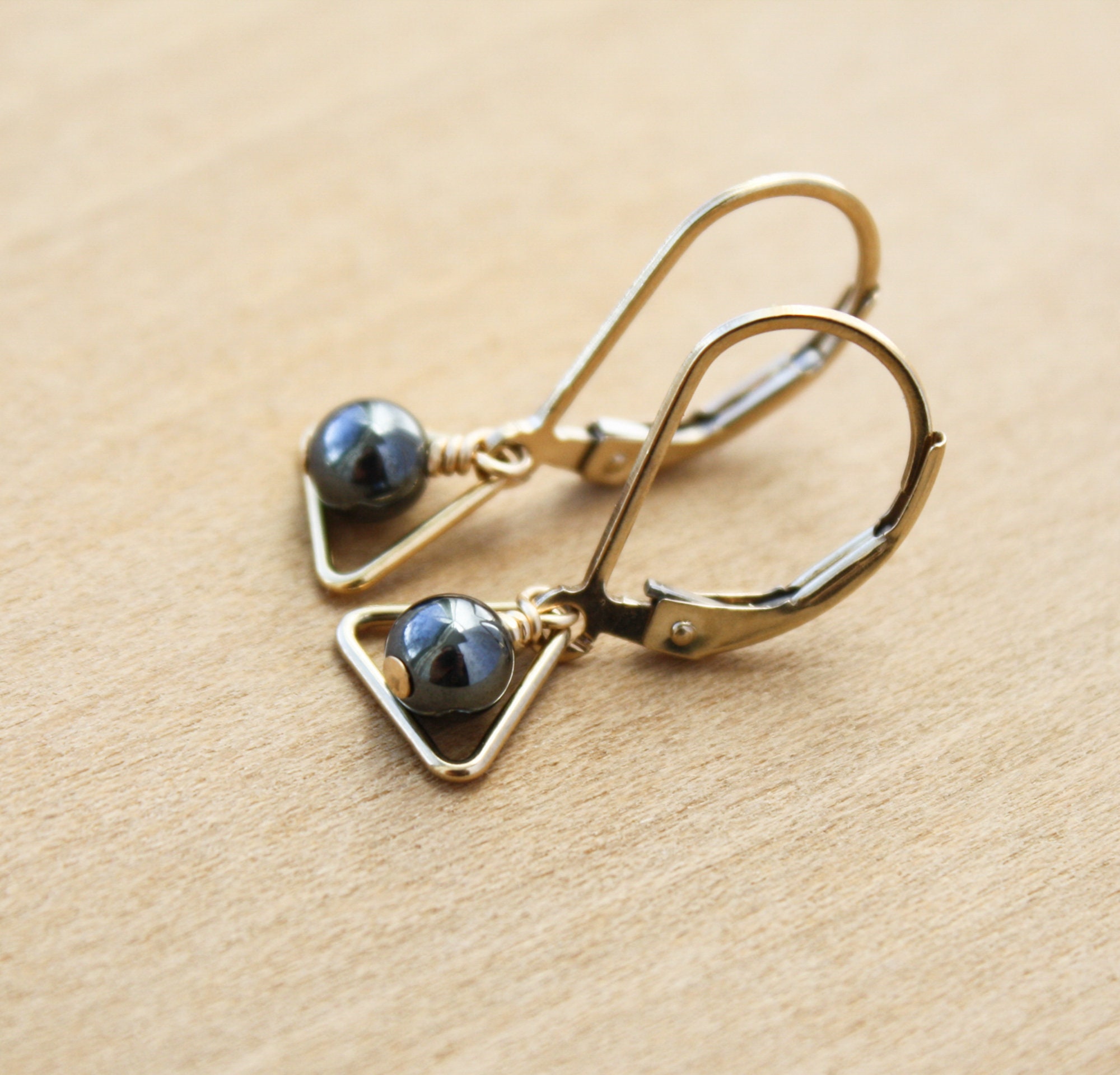 Hematite Triangle Earrings: Dainty 14k Gold Fill Leverback Earrings