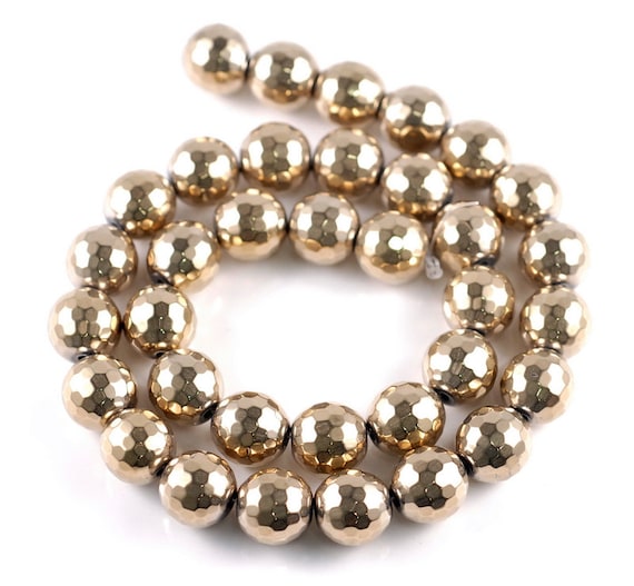 11mm Titanium 18k Gold Hematite Gemstone Faceted Round Loose Beads 15.5 Inch Full Strand Lot 1,2,6,12 And 50 (90182598-a136)
