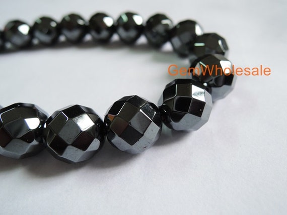 Natural Hematite 6mm/8mm/10mm Round Faceted(64f) Beads, Silver Black Gemstone, Diy Jewelry Supplies, 15.5"