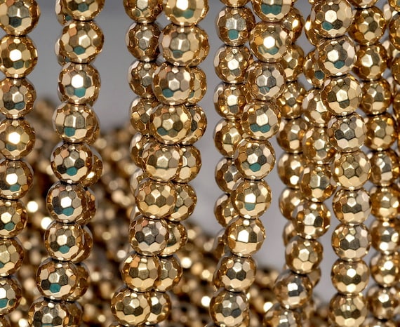8mm 18k Gold Hematite Gemstone 18k Gold Faceted Round 8mm Loose Beads 15.5 Inch Full Strand Lot 1,2,6,12 And 50 (90182543-395)