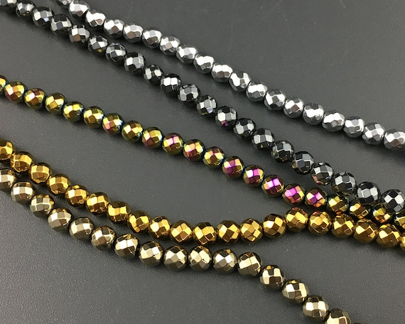 Gold Silver Hematite Faceted Beads Natural Gemstone Beads For Jewelry Making 2mm 3mm 4mm 15''