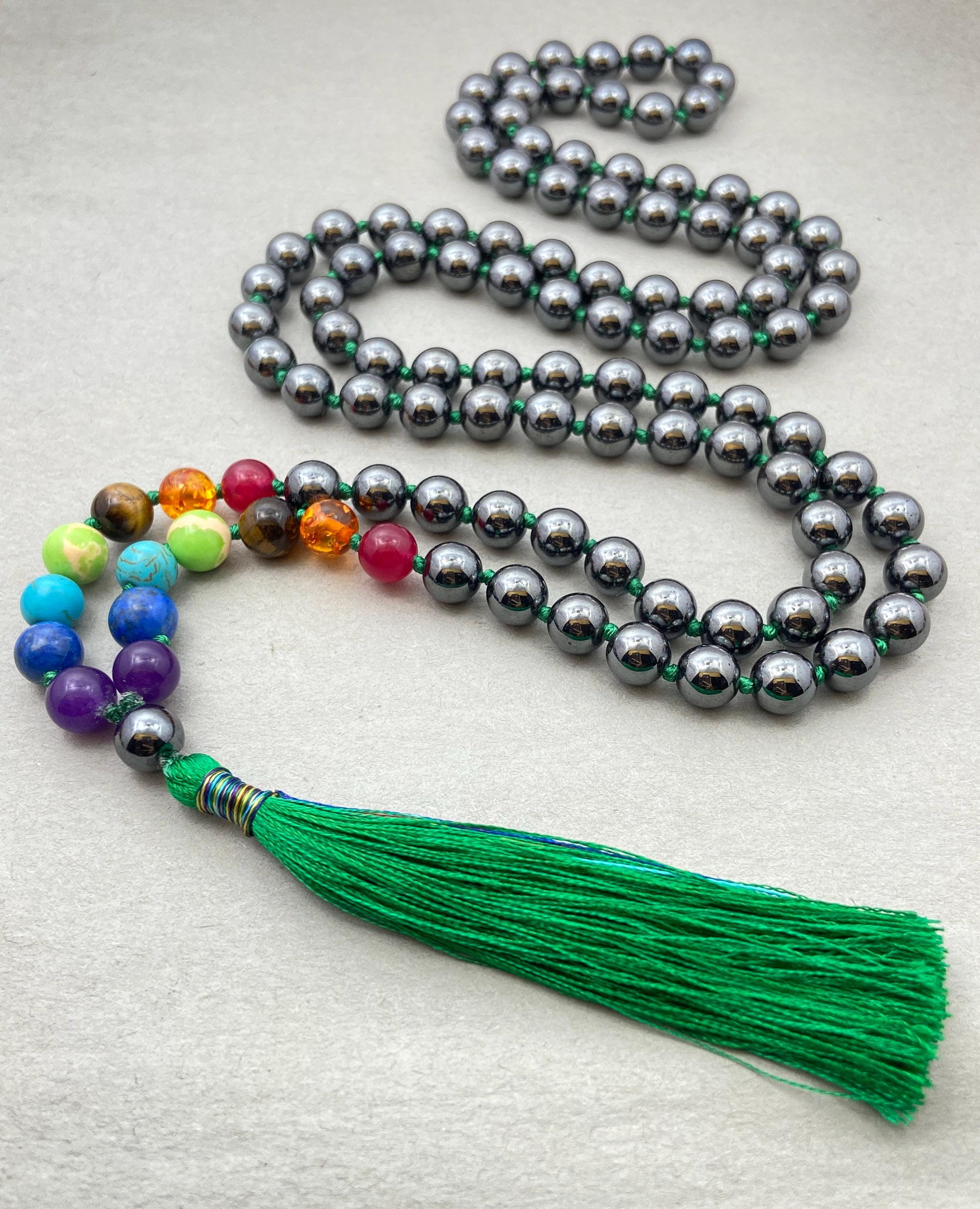 Chakra Gray Hematite Mala Necklace: 108 Buddhist Prayer Beads, Reiki Jewelry