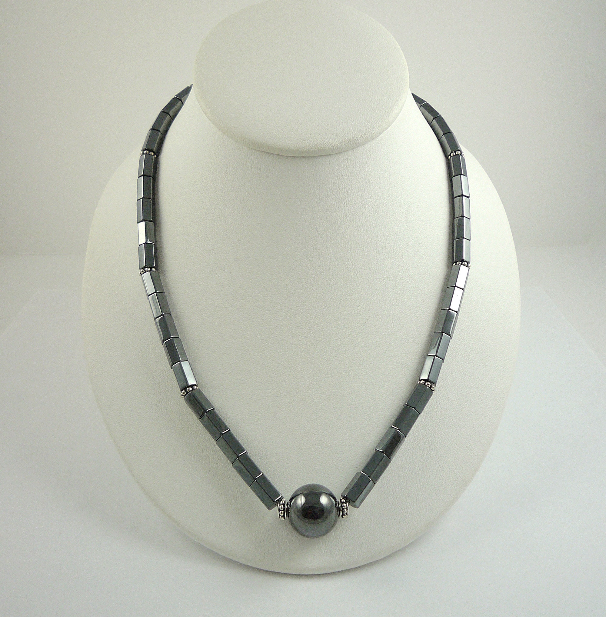 Hematite Gemstone Necklace With Antiqued Silver Accents Short 19-inch Shiny Gray And Silver Necklace