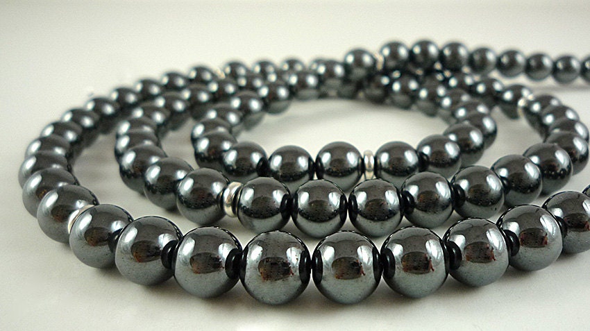 Long Hematite Necklace Silver Gray Gemstone Bead Necklace Charcoal Silver Jewelry Beaded Long Hematite Strand