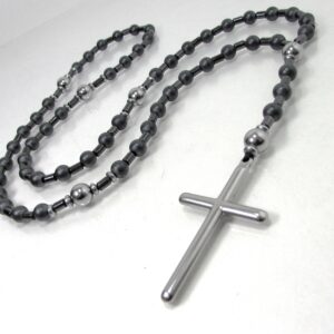 Hematite matte and polished Mens Rosary Necklace, Stainless Steel Cross Mens Necklace, Natural Gemstone Rosary, Christian religious Gift Hematite matte and polished Mens Rosary Necklace, Stainless Steel Cross Mens Necklace, Natural Gemstone Rosary, Christian religious Gift