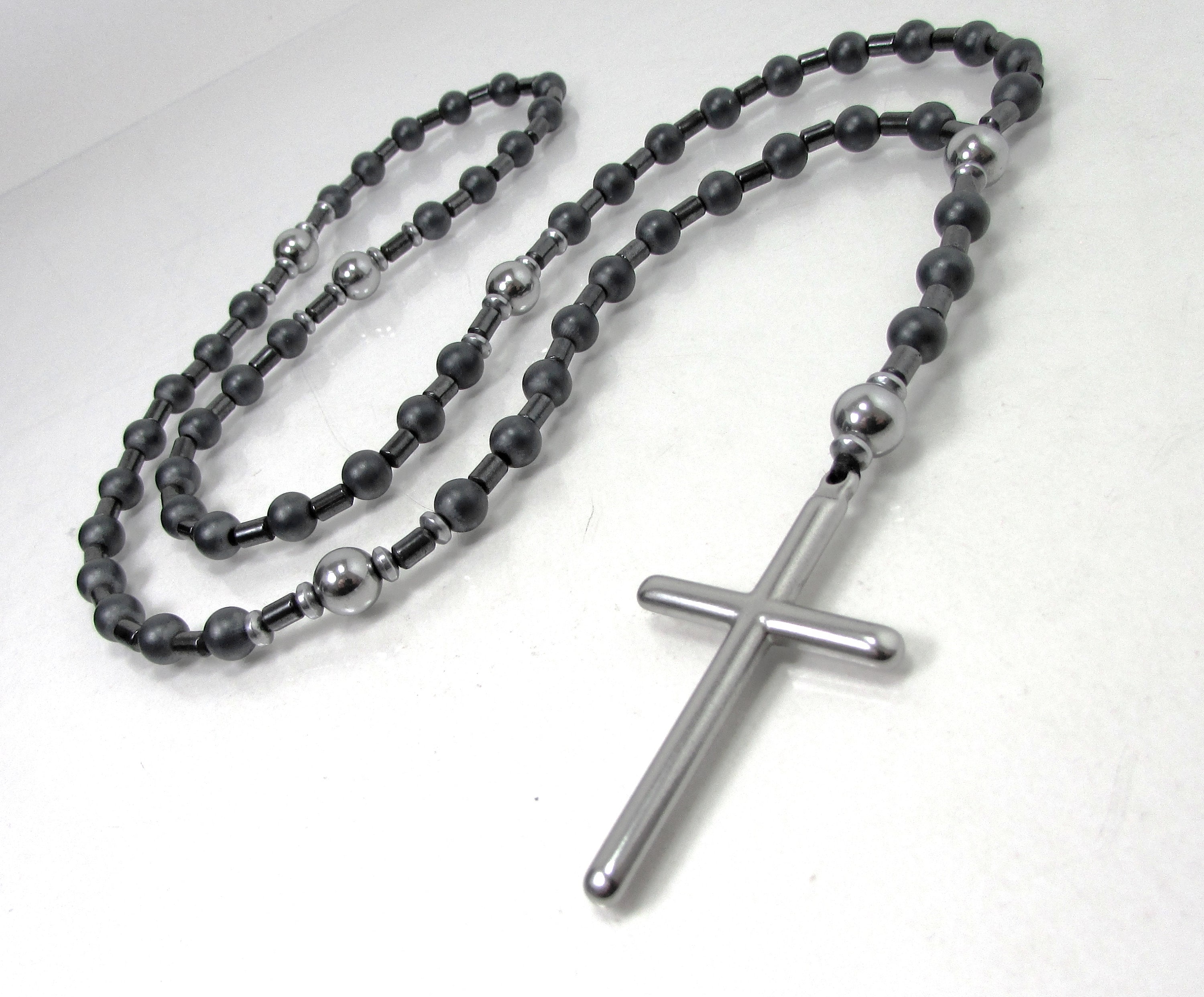 Hematite Matte And Polished Mens Rosary Necklace, Stainless Steel Cross Mens Necklace, Natural Gemstone Rosary, Christian Religious Gift