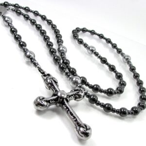 Hematite Mens Rosary Necklace, Stainless Steel Cross, Mens Cross Necklace, Handmade Mens Rosary, Cross Necklace for Men, Gemstone Rosary