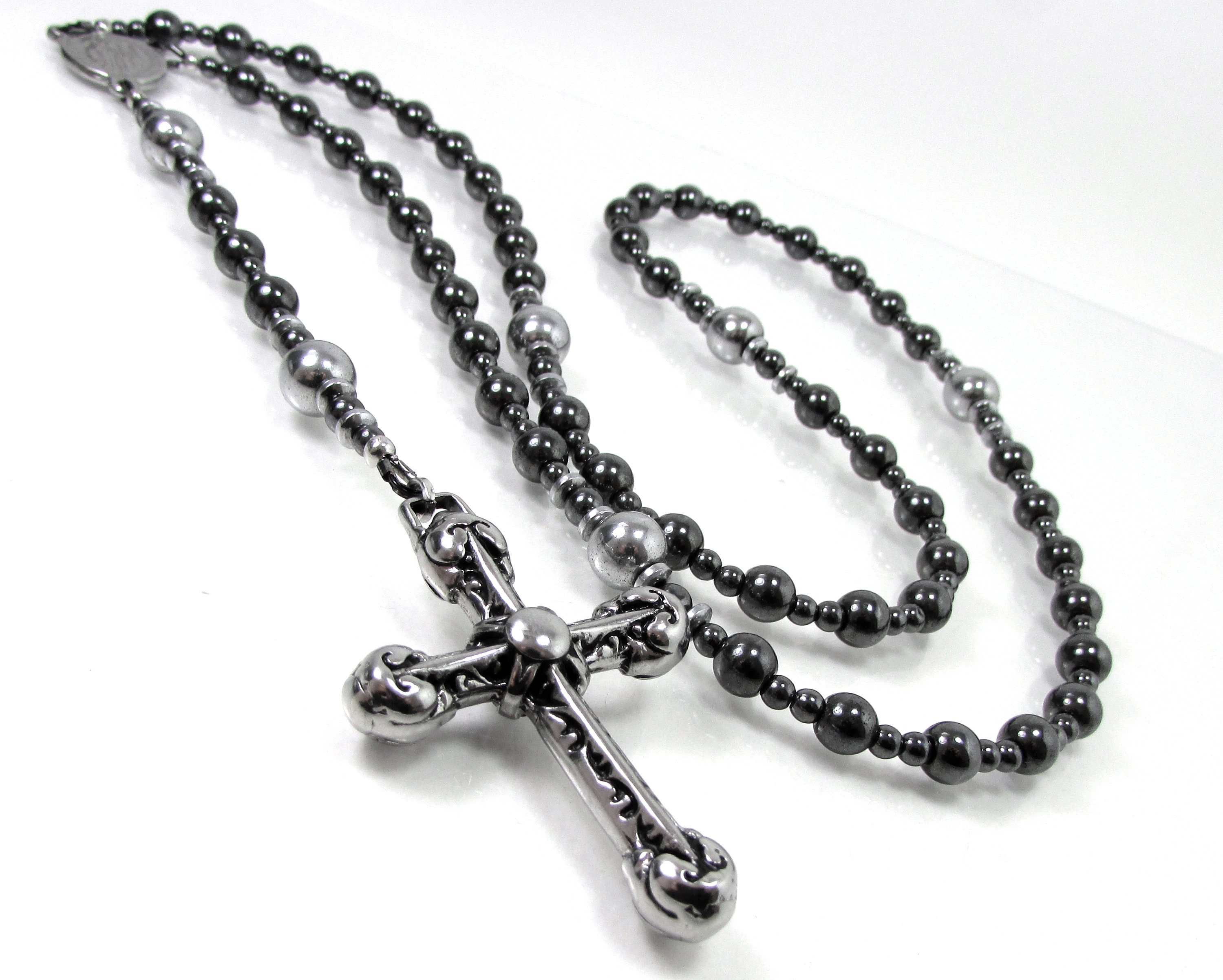 Hematite Mens Rosary Necklace, Stainless Steel Cross, Mens Cross Necklace, Handmade Mens Rosary, Cross Necklace For Men, Gemstone Rosary