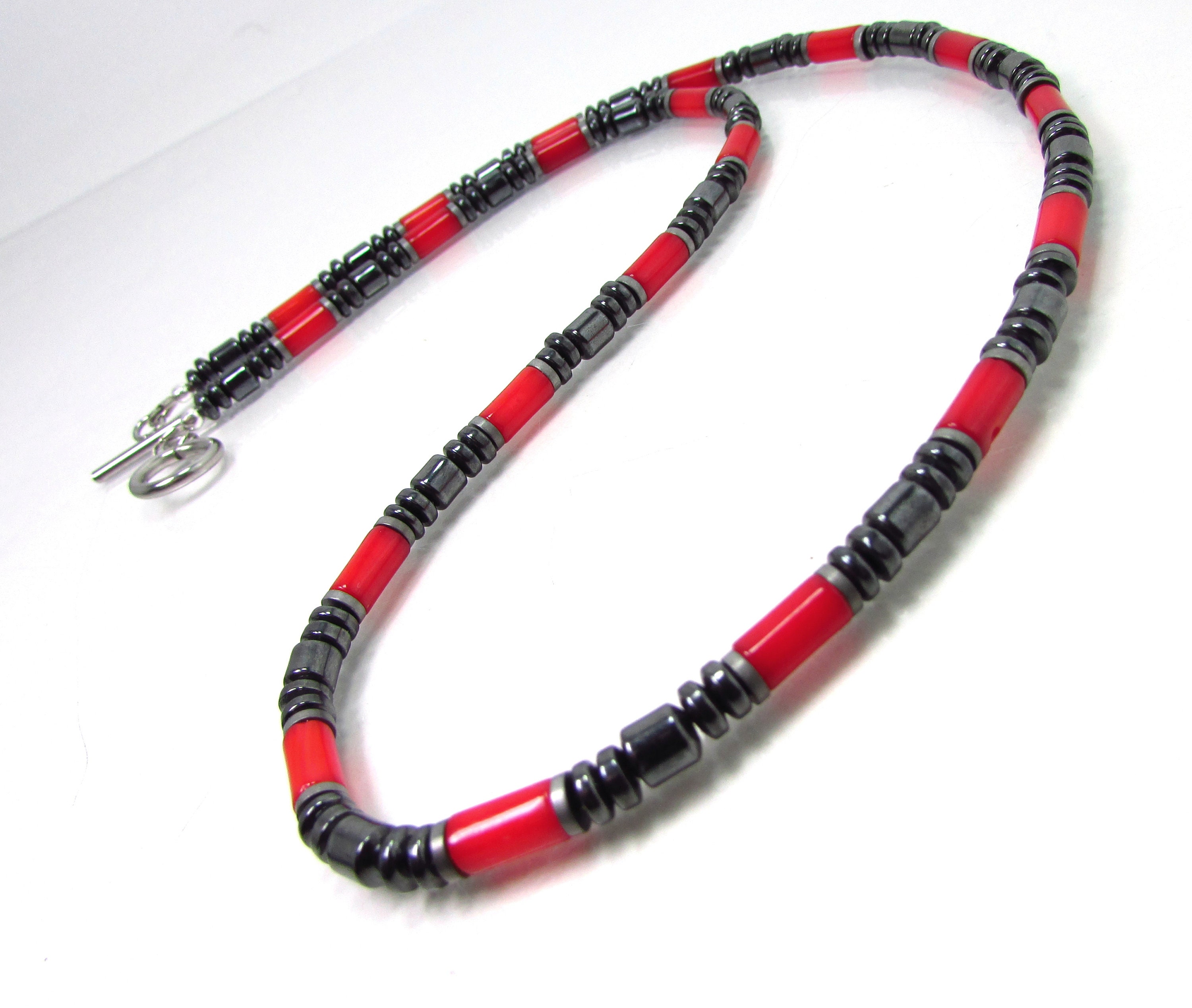 Red Coral And Hematite Mens Necklace,gift For Men,coral Mens Necklace, Handmade Gemstone Necklace, Men Choker, Mens Beaded Necklace