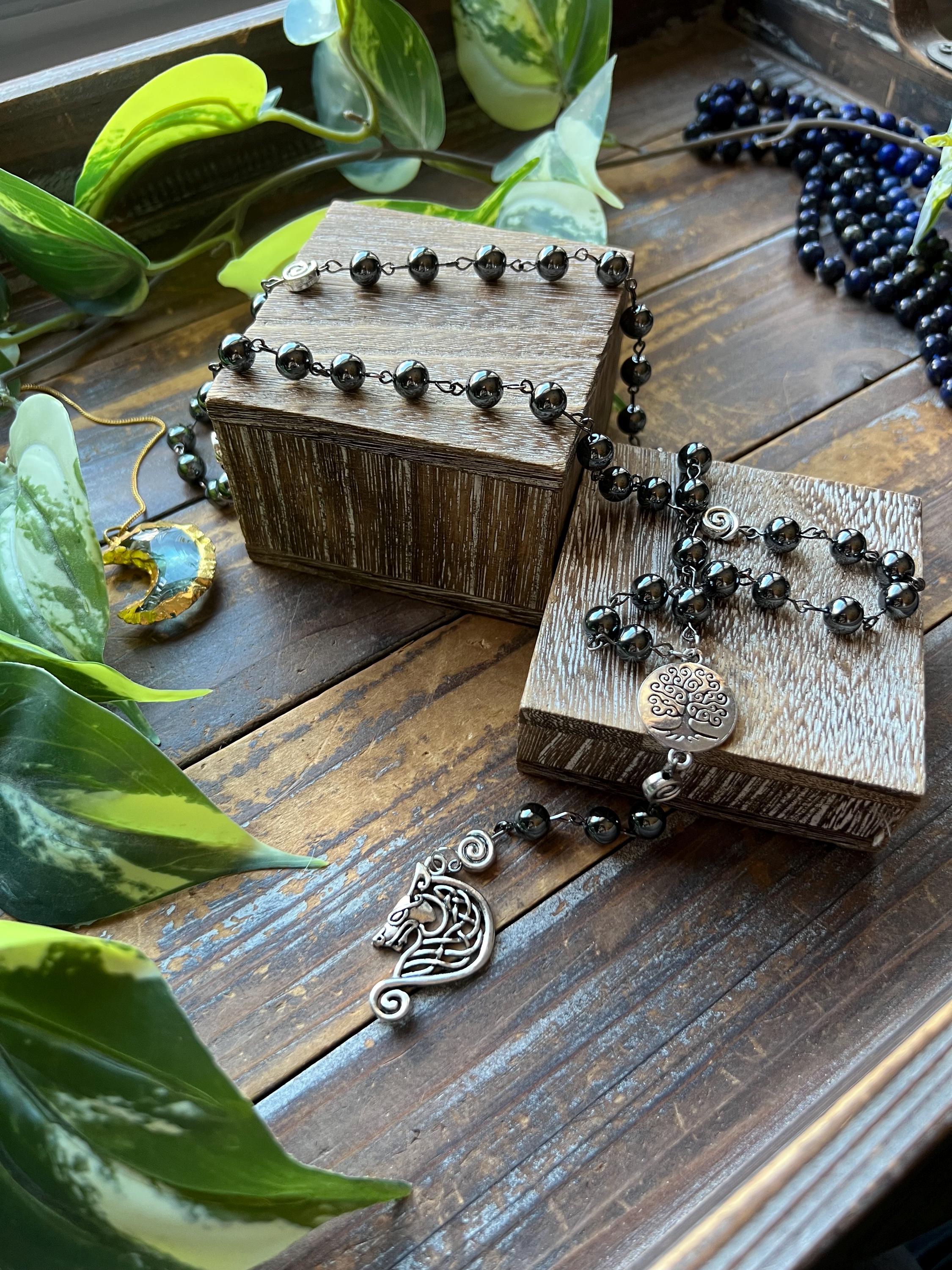 Hematite Rosary - Norse, Odin, Wolf - Prayer Beads, Crystals, Mala, Jewelry, Necklace Hematite Rosary - Norse, Odin, Wolf - Prayer Beads, Crystals, Mala, Jewelry, Necklace