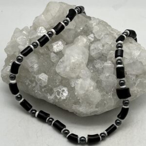 Hematite, Shell and Wood Necklace-18" Hematite, Shell and Wood Necklace-18"