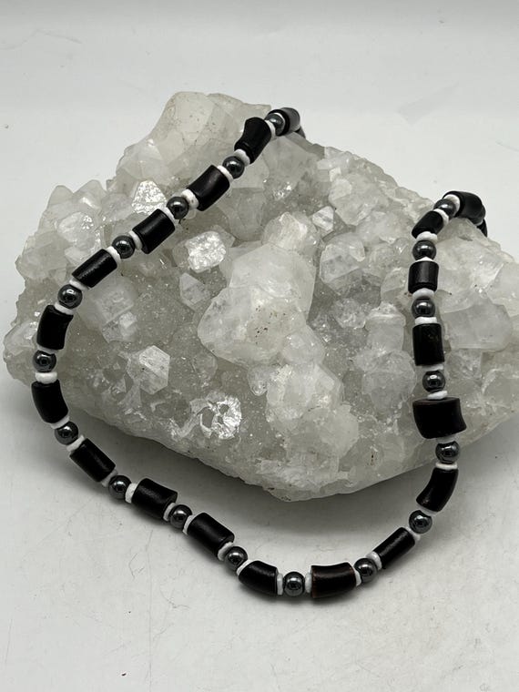 Hematite, Shell And Wood Necklace-18"