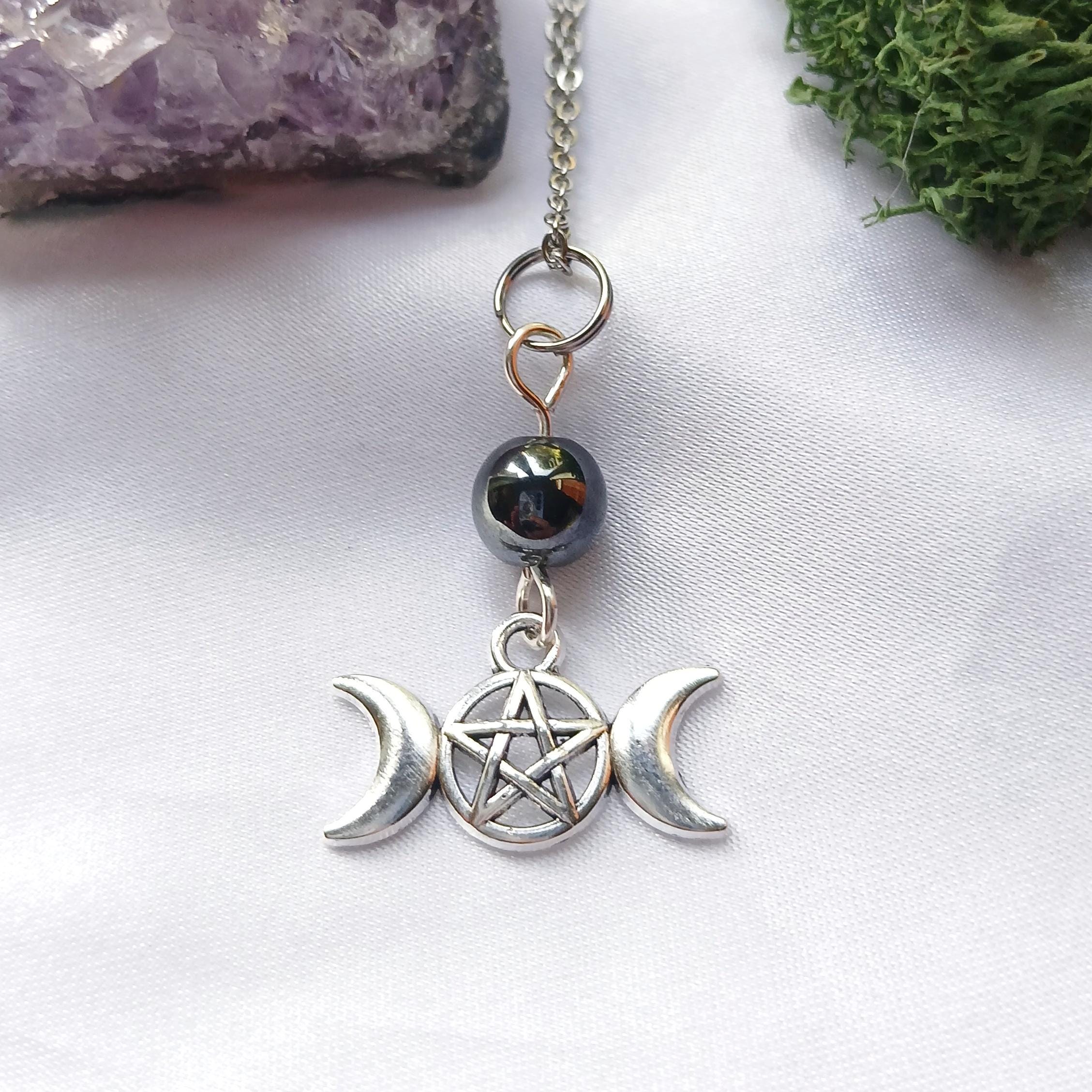 Hematite Triple Moon Pentacle Necklace