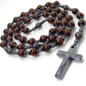 Wood and Hematite Handmade Mens Rosary, 5 Decade Rosary for Men or Women, Men Cross Necklace, Wood Rosary Necklace, Christian Gift +Gift Box Wood and Hematite Handmade Mens Rosary, 5 Decade Rosary for Men or Women, Men Cross Necklace, Wood Rosary Necklace, Christian Gift +Gift Box