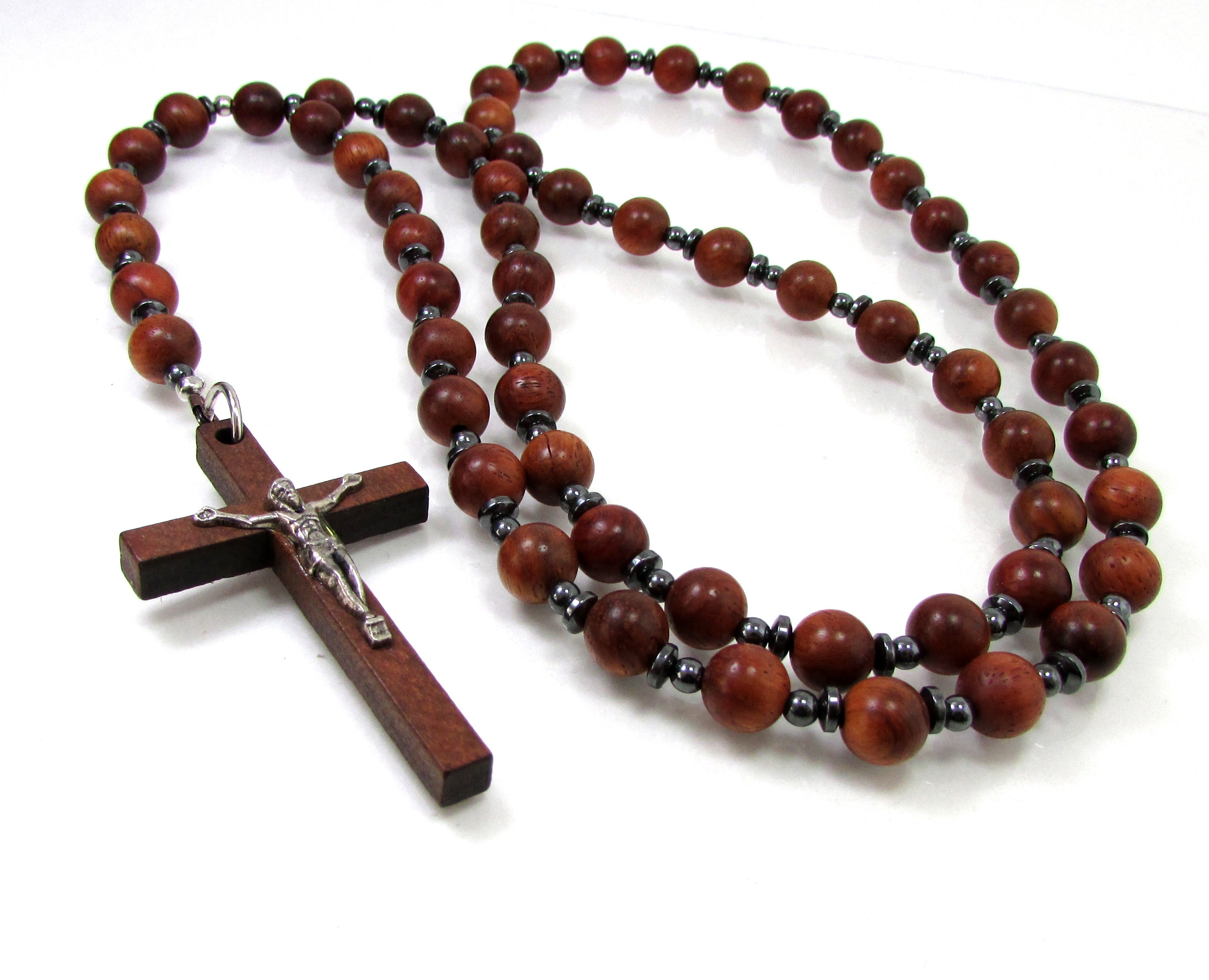 Wood And Hematite Handmade Rosary, Mens Rosary, Women Rosary, Mens Cross Necklace, Wood Rosary, Wood Necklace + Gift Box