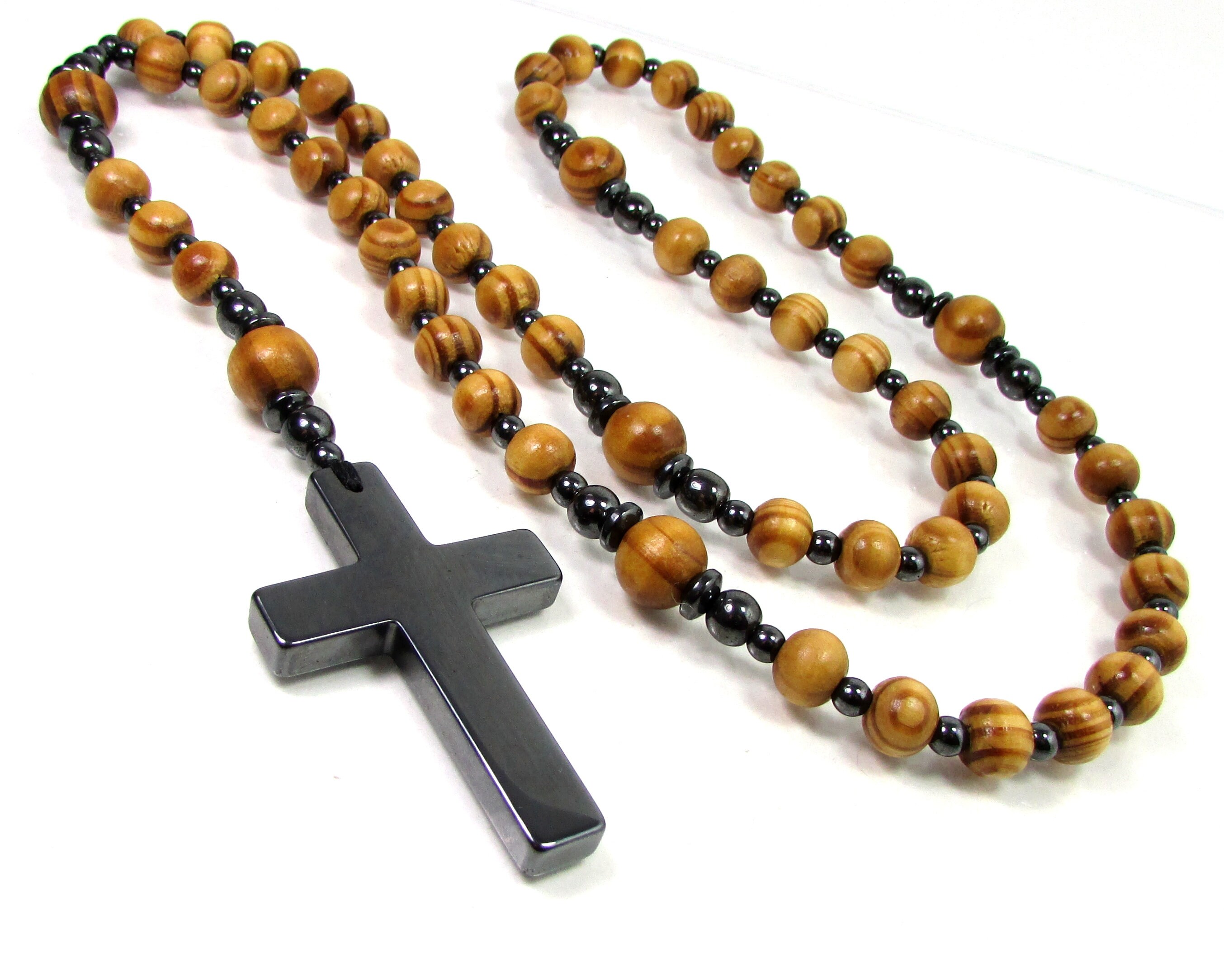Wood And Hematite Handmade Rosary, 5 Decade Rosary, Mens Rosary, Women Rosary, Mens Cross Necklace, Wood Rosary, Wood Necklace + Gift Box