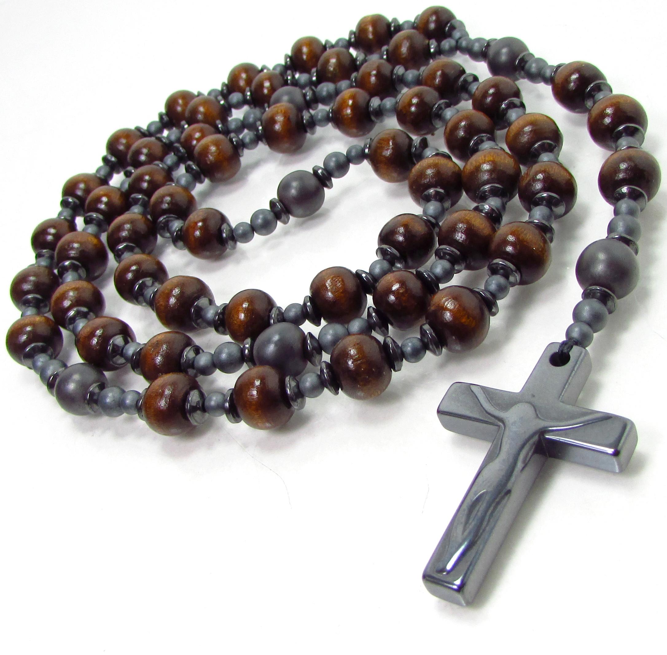 Wood And Hematite Handmade Mens Rosary, 5 Decade Rosary For Men Or Women, Men Cross Necklace, Wood Rosary Necklace, Christian Gift +gift Box