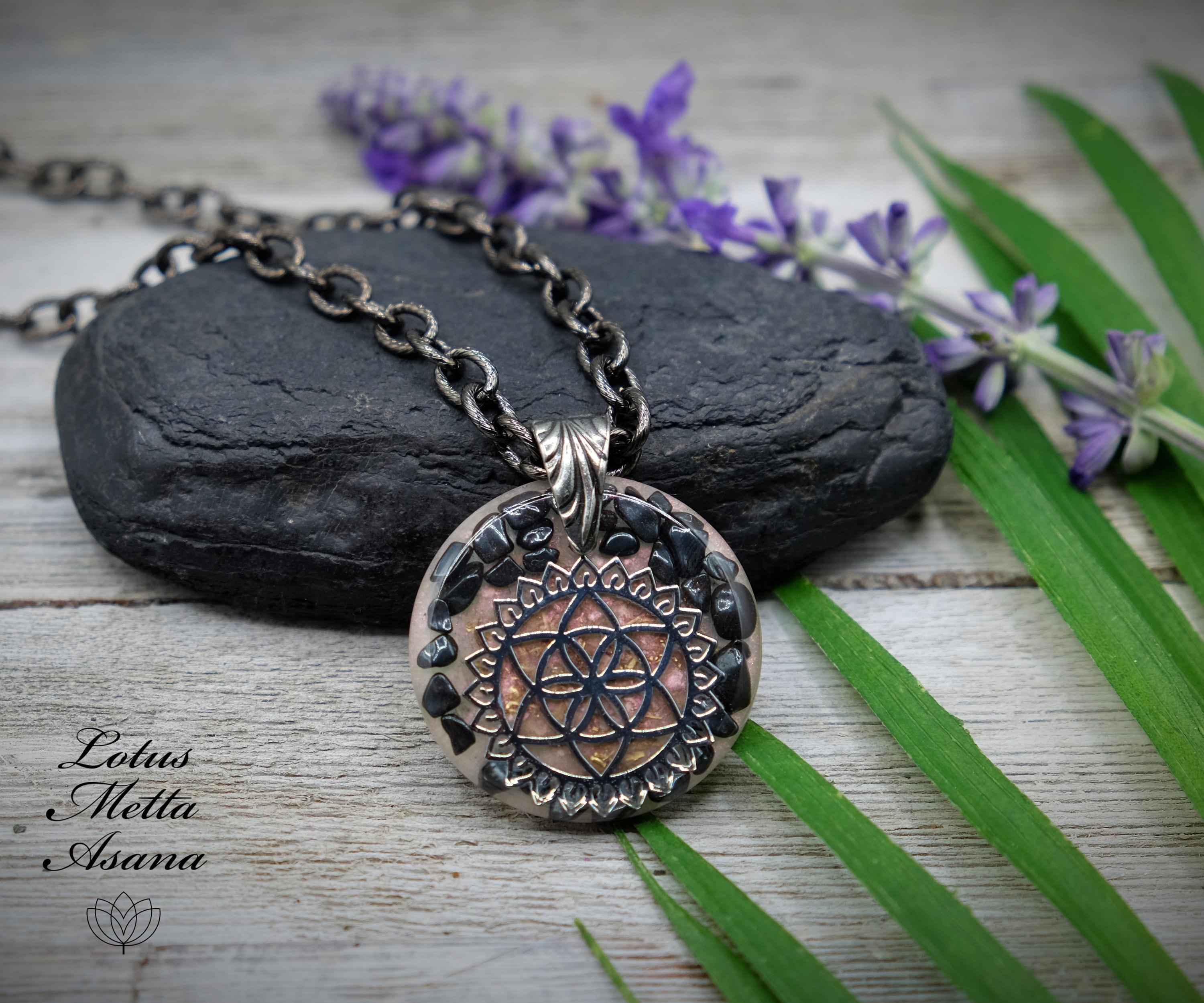 Hematite & Brass Silver Flower Of Life Handmade Orgonite 40mm Round Pendant Necklace