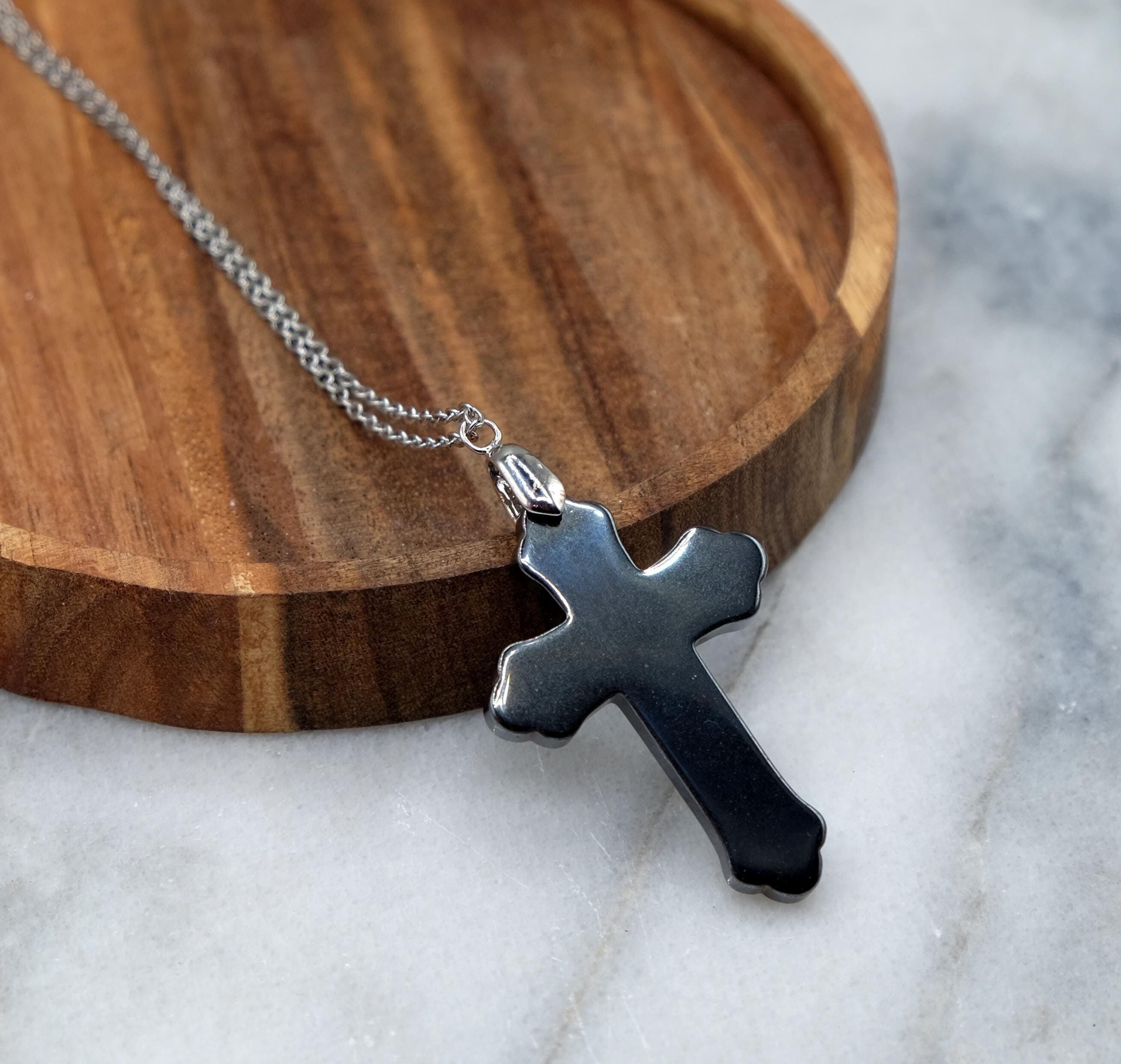 Hematite Cross 50mm Pendant Chain Optional