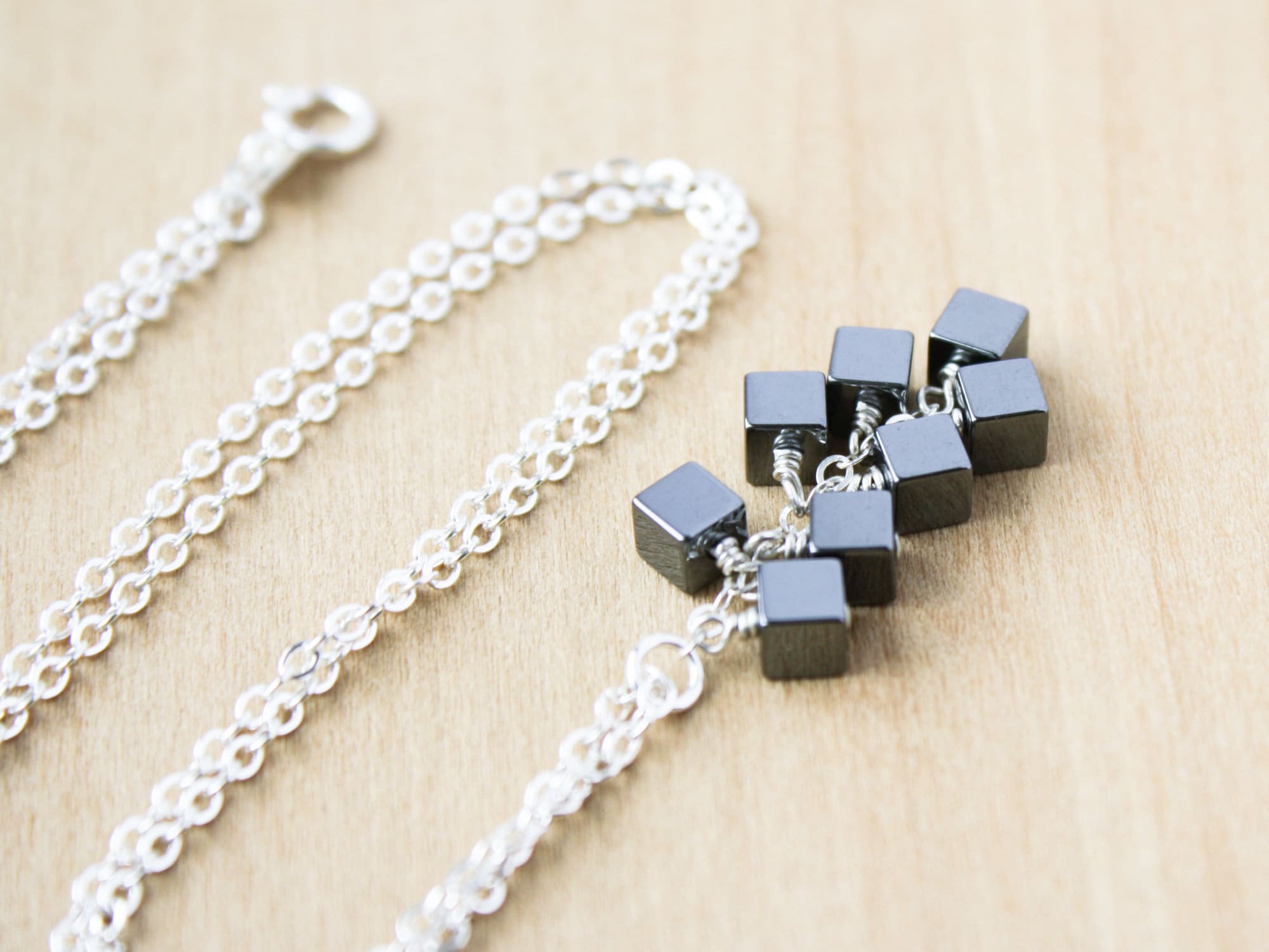 Hematite Cube Necklace: Sterling Silver Anxiety Pendant