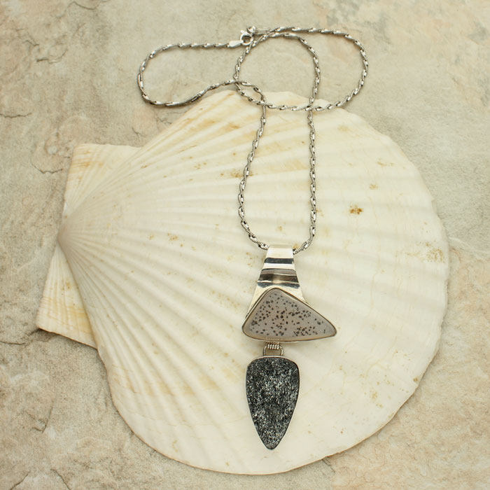 Druzy Silver Necklace, White Druzy Quartz With Manganese, Black Metallic Hematite Druzy Cabochons Sterling Silver Pendant