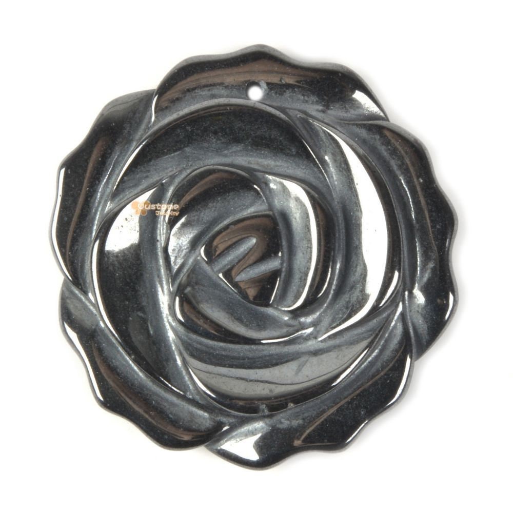 G2567.37 35mm Natural Hematite Carved Flower Pendant Bead Jewellery Making
