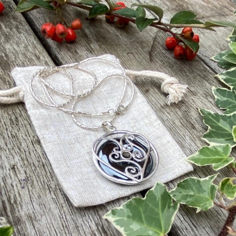 Handmade Sterling Silver Hematite Necklace, Heart Pendant On Silver Chain Handmade Sterling Silver Hematite Necklace, Heart Pendant On Silver Chain