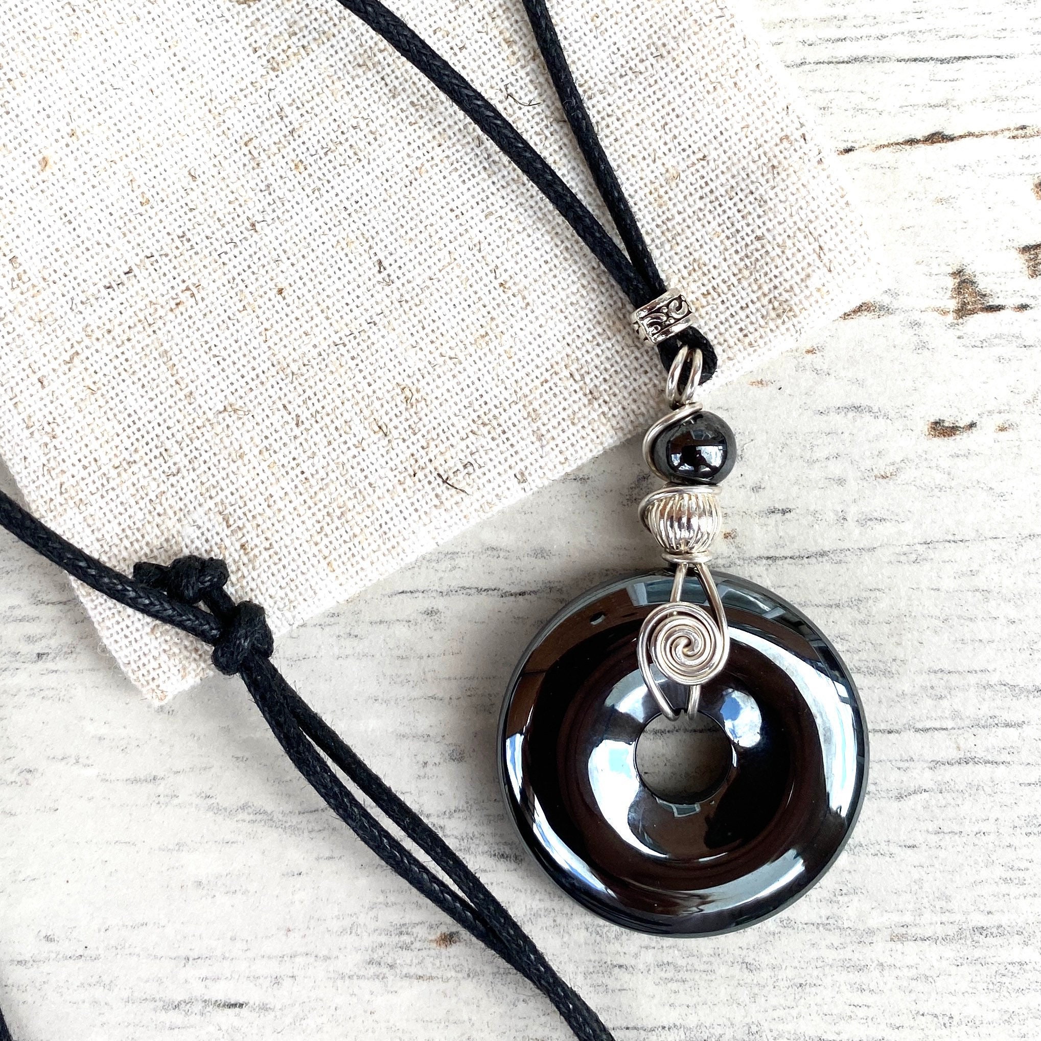 Large Hematite Donut Necklace, Pi Gemstone,  With  Sterling Silver Wire Wrapped Pendant. Unusual Iron Anniversary Gift. Adjustable Length