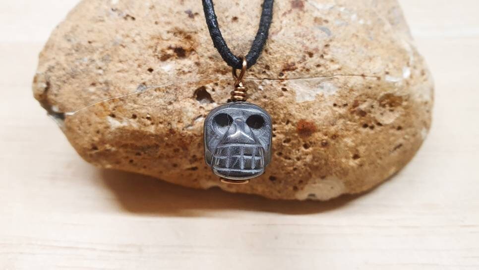 Mens Hematite Skull Necklace. Grey Reiki Jewelry. Unisex Wire Wrapped Pendant Uk