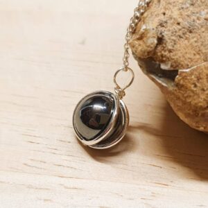 Minimalist Hematite circle pendant. Reiki jewelry uk. Grey semi precious stone. 10mm stone. Sterling silver necklaces for women.